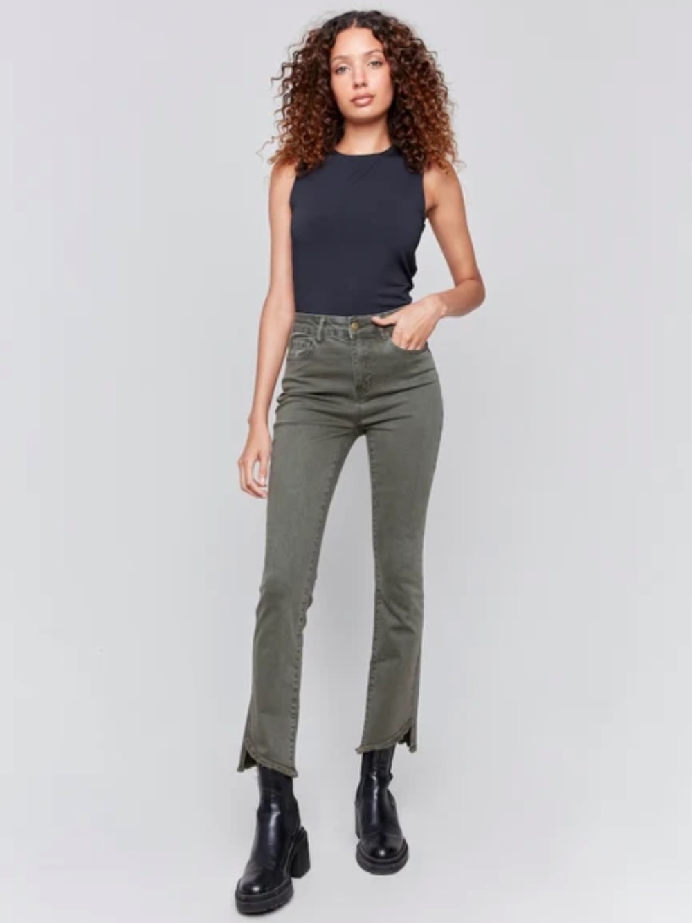 CHARLIE B Size 14~BOOTCUT TWILL JEANS SPRUCE COLOR PANTS ASYMMETRICAL FRAYED HEM